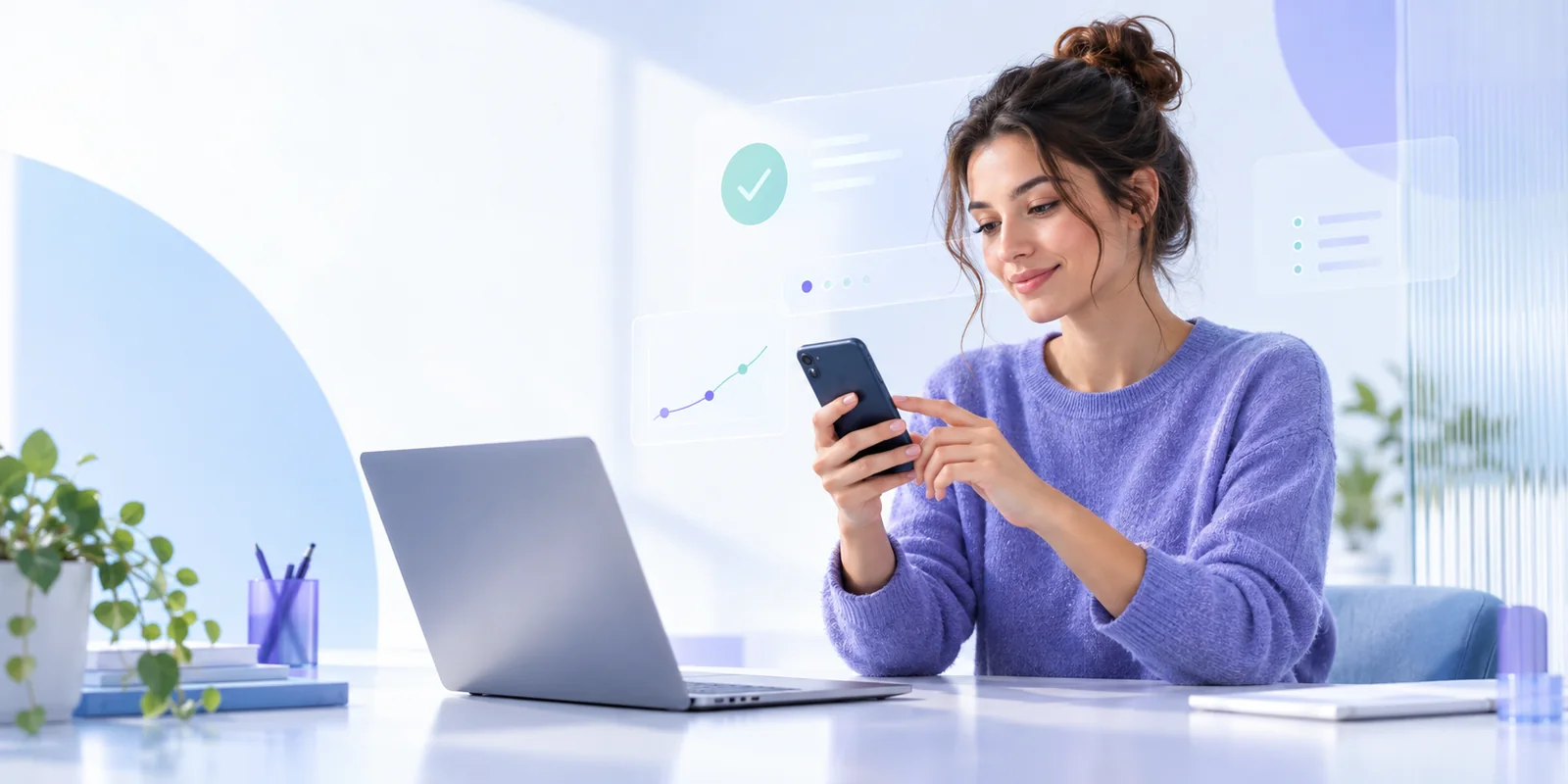 Una giovane donna valuta un’esperienza digitale sullo smartphone accanto a un computer portatile